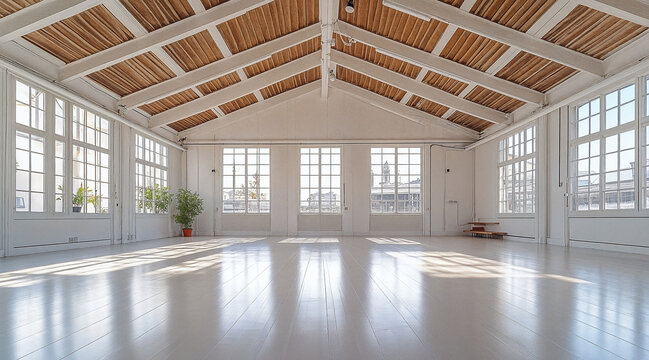 Bright and airy industrial loft space with wooden beams and expansive windows, Versatile multipurpose empty interior