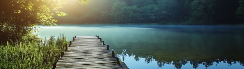 Wooden dock leading into a small forest lake, bright sunlight, calm waters, wide shot, serene summer day, natural tranquility