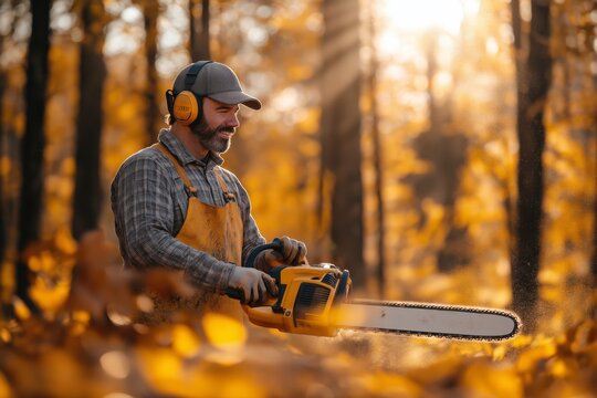 A bearded lumberjack wearing protective gear, including earmuffs and gloves, uses a chainsaw in a sunlit autumn forest.