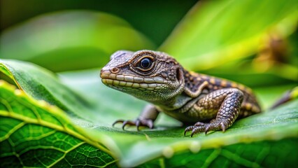Obraz premium Tiny Reptile With A Hard Shell And Short Limbs Resting On A Bed Of Green Leaves