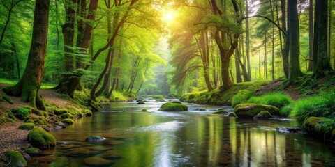 Peaceful stream flowing through a lush forest , nature, water, tranquil, peaceful, outdoor, environment, landscape, trees, foliage