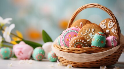 Festive easter greeting card featuring glazed cookies and colorful easter eggs arranged in a basket with generous copy space for personalized messages and seasonal wishes


