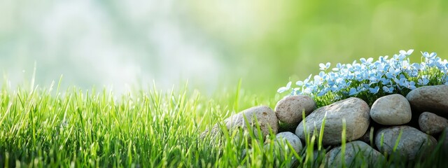  Rocks atop a mound of verdant grass Small, blue flowers emerge from between the stones