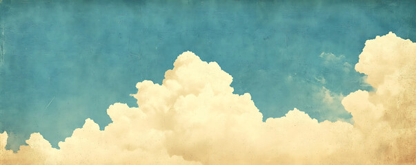 A vintage sky with scattered fluffy clouds on a textured, old paper background