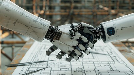 Collaborative construction  handshake over blueprints with futuristic tools and digital hard hat