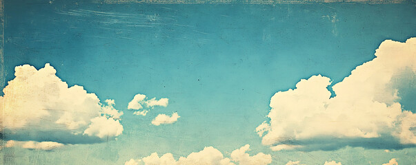 A vintage sky with scattered fluffy clouds on a textured, old paper background