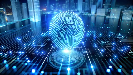 Digital fingerprint scanning on a futuristic interface at night