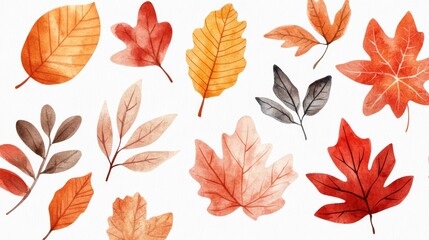 Obraz premium Watercolor paper texture sticker design pastel colors simple lines vibrant autumn leaves oak maple and birch leaves scattered soft light and shadows orange yellow red palette