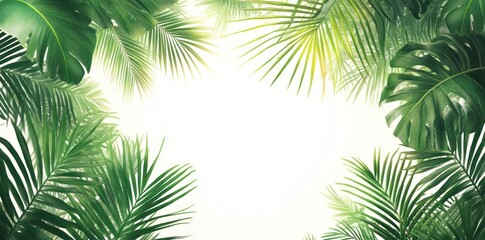 Lush Tropical Palm Leaves Framing White Background
