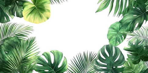 Green Tropical Leaves Frame with White Background
