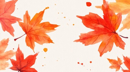 Watercolor paper texture sticker design pastel colors simple lines red and orange maple leaves scattered gently on the ground golden light autumnal theme orange red gold palette