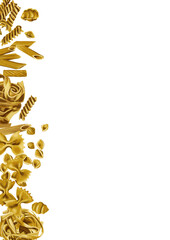 Fusilli Pasta. Speral form. Fusilli Pasta. Farfalle pasta. Scattered paste, several pieces. Classic option. Yellow and beige. Monochrome style. conchiglie rigate Pasta. Pattern.