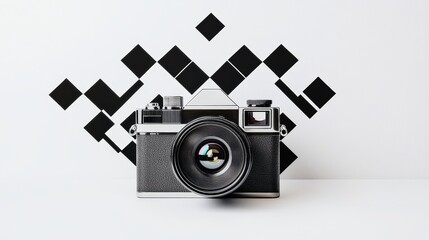 Double exposure of a vintage camera overlaid with a classic black and white checkerboard pattern, creating a nostalgic yet dynamic visual effect