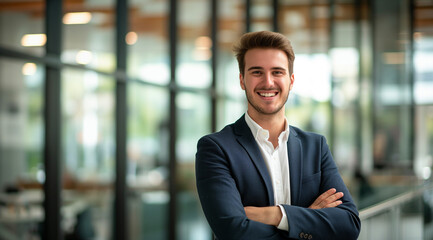Fototapeta premium professional man, portrait of a smiling businessman, attractive smiling businessman in his late thirties standing with arms crossed looking at the camera, wearing a business suit and white shirt