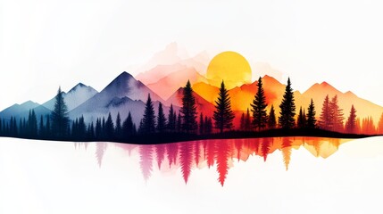 Serene landscape with trees and mountains in double exposure, overlaid with watercolor splashes in a rainbow gradient, blending nature and art