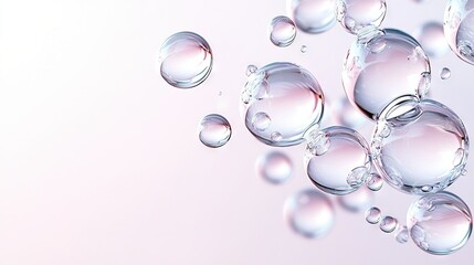   A cluster of air bubbles gliding over a pastel-colored liquid with water beads beneath