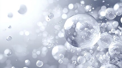   A group of bubbles suspended against a gray backdrop, with a hazy light filtering through from behind