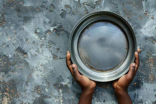 Top view of man's hands holding an empty metal plate, starving person. Lack of food in African countries problems of hunger.
