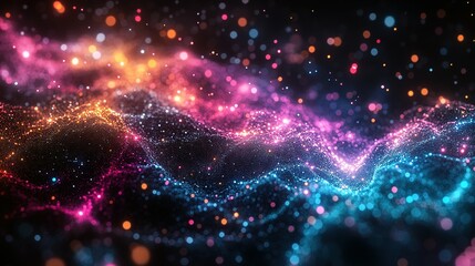 Obraz premium Abstract Background with Wavy Lines of Glowing Particles and Bokeh Lights