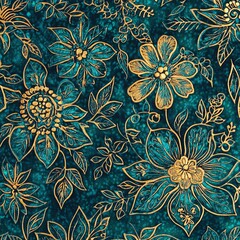 Teal and gold floral pattern background.