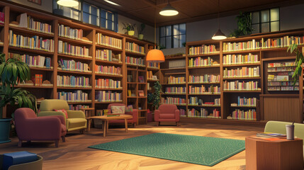 Photorealistic image of a small community-run library, with neatly organized books, cozy