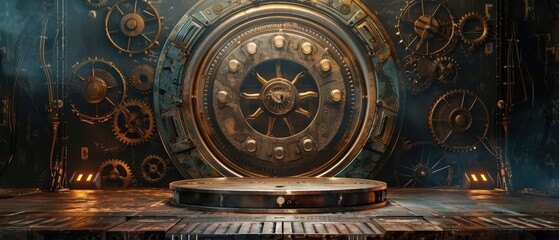 Obraz premium A captivating steampunk vault with intricate gears and a dramatic background, evoking a sense of mystery and adventure.