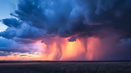 Dramatic Sunset with Rain Showering Down