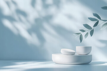 Sophisticated 3D cosmetic podium with luxurious design and soft light blue background for branding and packaging