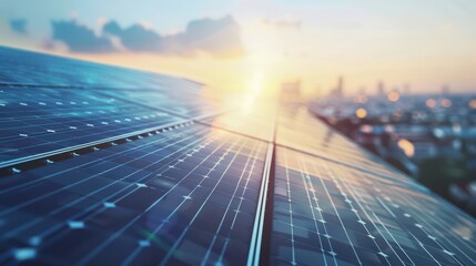 A close-up view of solar panels reflective in the sunlight, showcasing renewable energy technology in an urban setting.