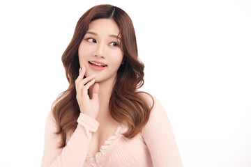 Fototapeta premium Beautiful young asian woman with clean fresh skin on white background, Face care, Facial treatment, Cosmetology, beauty and spa, Asian women portrait.