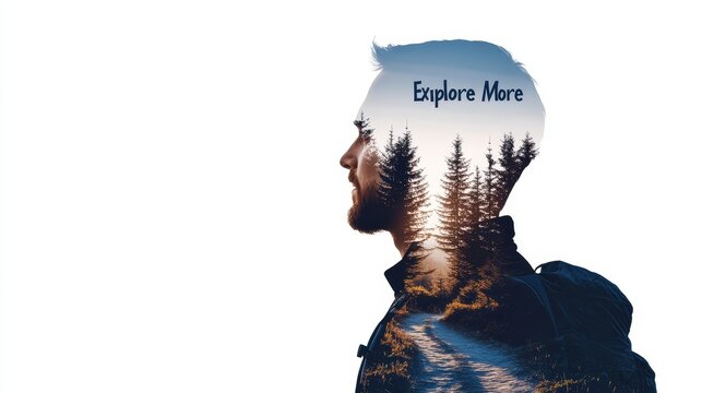 Double exposure of a forest path with a silhouette of a hiker, bold text "Explore More" in modern font, minimalist white background