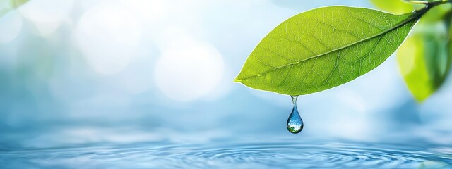  A green leaf holds a single drop of water above reflective waters, beneath a blue sky