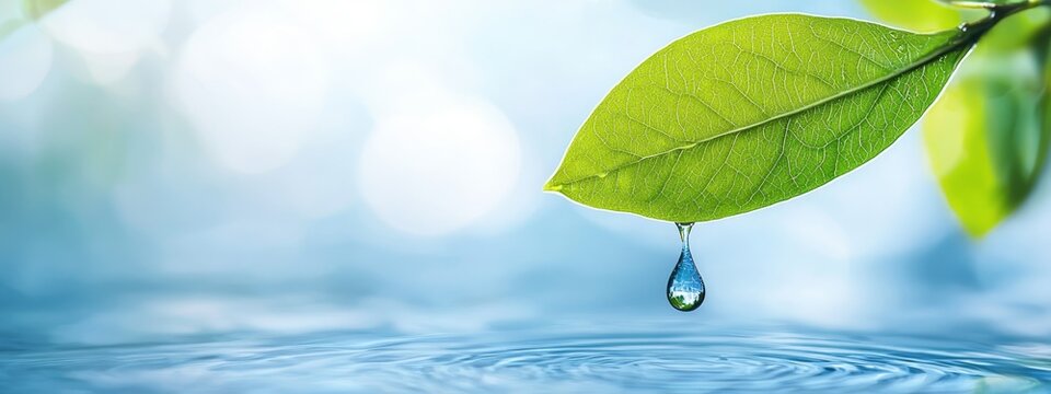  A green leaf holds a single drop of water above reflective waters, beneath a blue sky