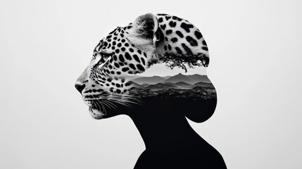 Merging a sleek leopard print pattern with a model's silhouette, creating a stylish and elegant monochrome double exposure effect