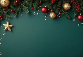 Green pine branches with red berries, gold ornaments, and stars on a dark green background.