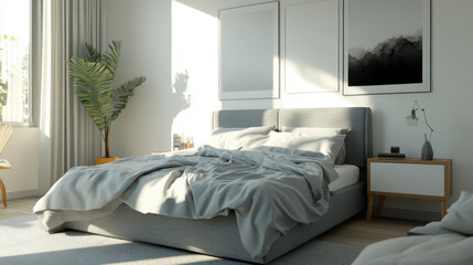 Photorealistic minimalist bedroom, grey bed frame, light grey bed accent wall, clean white