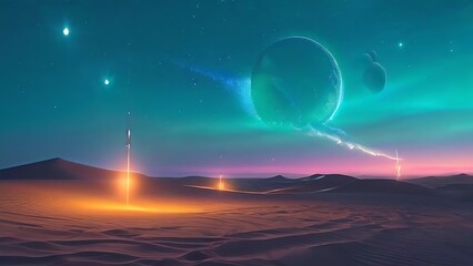  empty desert a night that by orange light with chrome rising from the sand below unreal