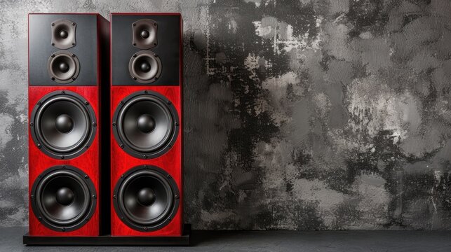 Red Wood Speakers on Black Concrete Background
