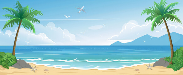Obraz premium A vibrant cartoon beach scene with palm trees, soft waves, and a clear sky, inviting relaxation and vacation vibes
