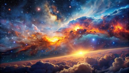 Stunning cosmic scene featuring vibrant clouds of gas and dust illuminated by stellar light, perfect for space enthusiasts, cosmic