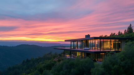 Modern Glass and Steel Home Overlooking Scenic Sunset View