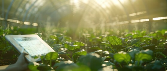 A hand holding a tablet in a greenhouse filled with lush green plants, showcasing technology in modern agriculture.