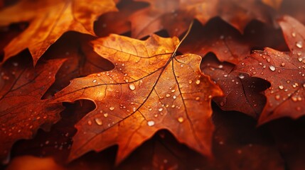 Highresolution closeup detailed photorealistic illustration of fallen autumn leaves sharp edges rich textures dewdrops visible deep orange and red tones