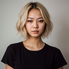 A girl with short blonde hair has striking blue eyes looking directly at the camera