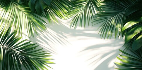 Lush Green Palm Leaves Casting Shadows on White Background