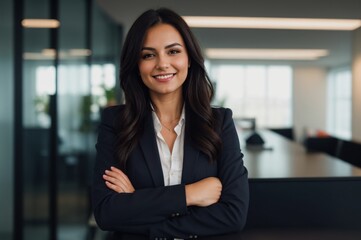 Fototapeta premium A modern office setting with confident woman smiling warmly and crossed arms 