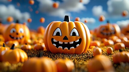 Cheerful Jack-o'-lantern stands out among a field of pumpkins on a bright day under a blue sky with fluffy clouds.