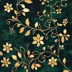 Elegant gold floral pattern on a dark green background.