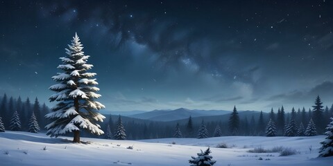 Fototapeta premium A snowy winter landscape with a pine tree covered in snow, and a forest in the background.