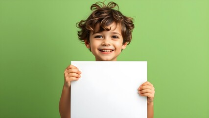 Smiling kid holding white paper canvas mockup on green background. Template for banner or poster.